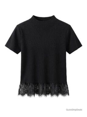 Short Sleeve Lace Trim Mock Neck Knit T-Shirt Pullover Top